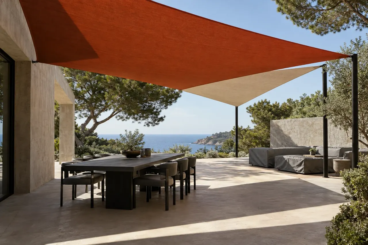 After: the terrace under an orange and a sand shade sail, with the lounge set under gray fitted covers